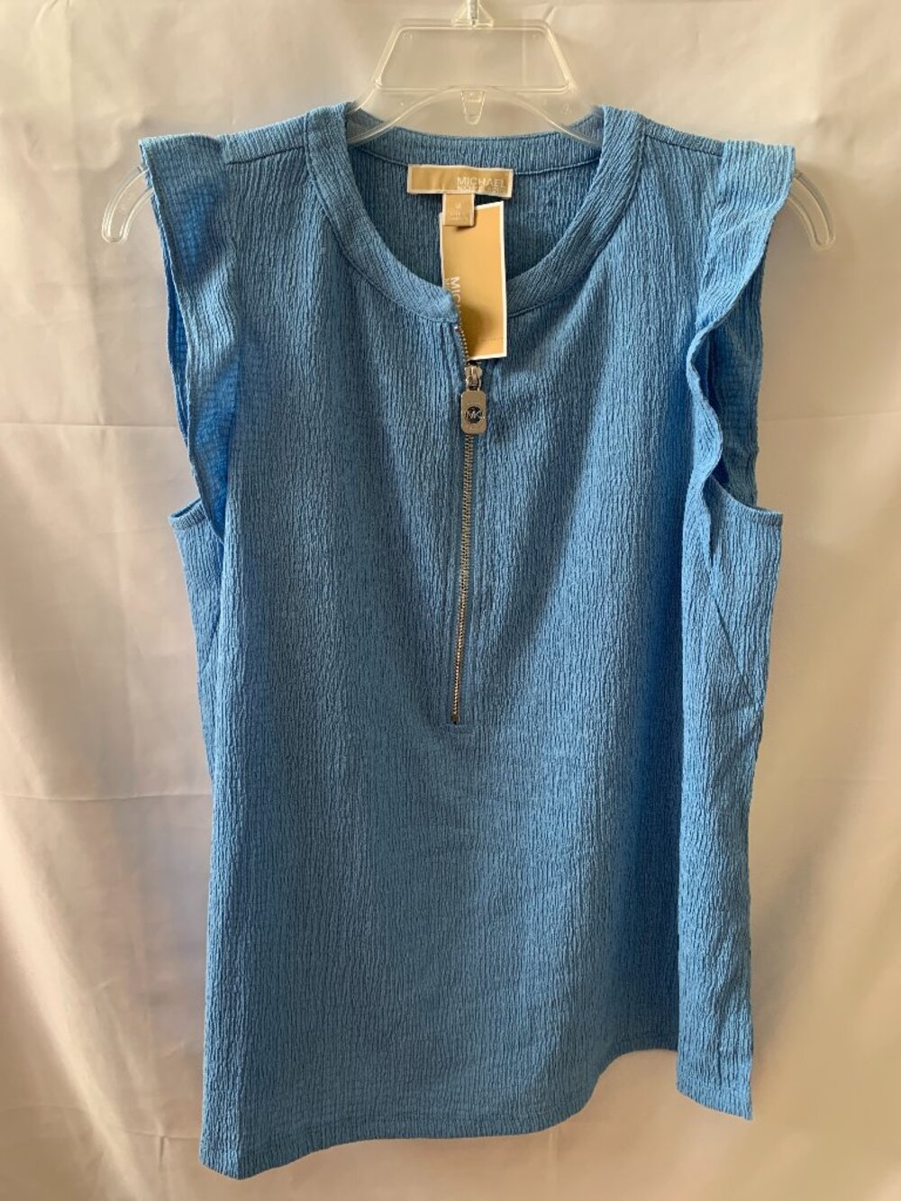 MICHAEL KORS Crepe Flutter Sleeve Zip Blouse in South Pacific Blue Sz MEDIUM
